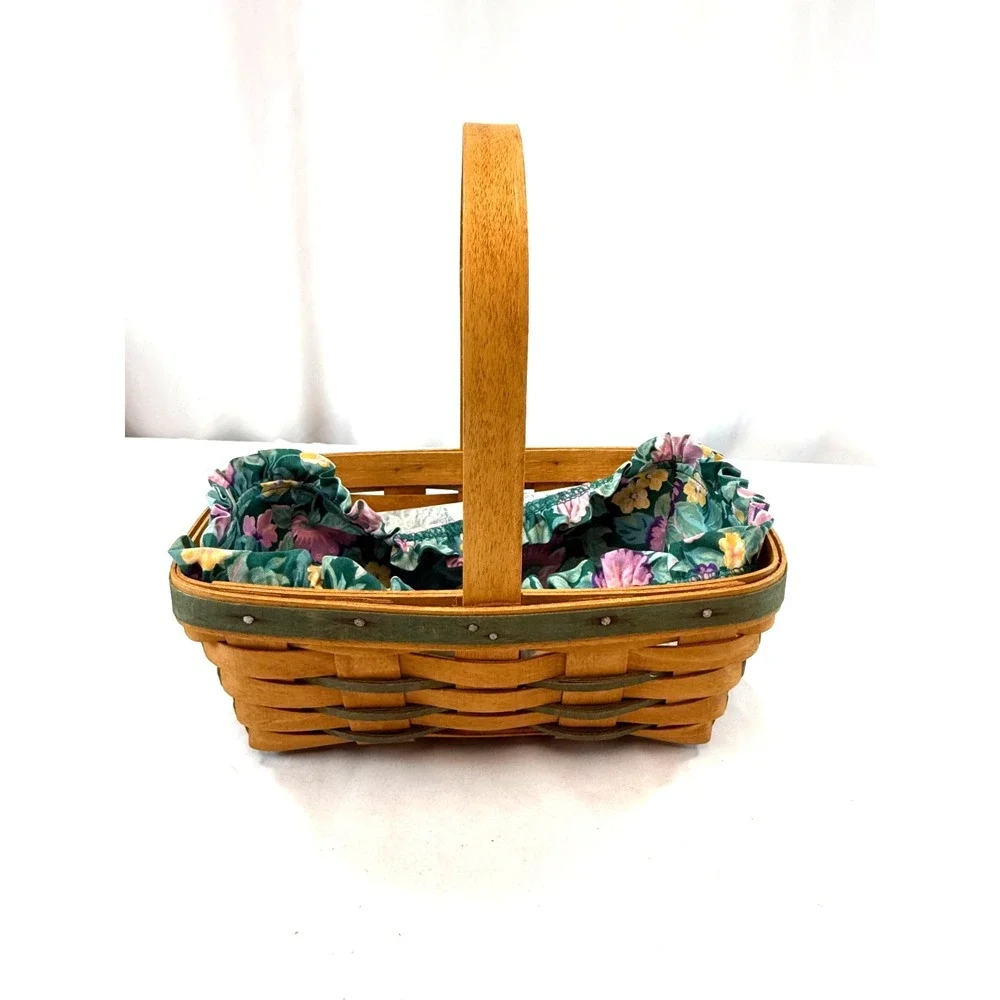 1993 Longaberger Large Easter Green Trim Basket w/Floral Liner 10